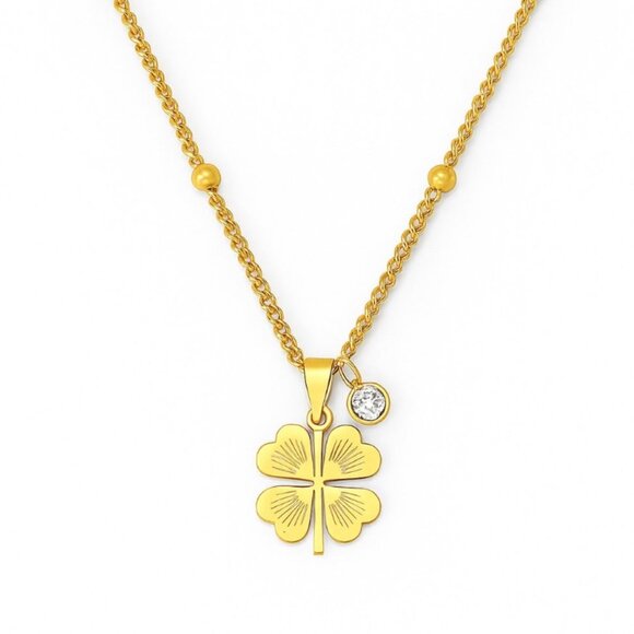 Gold Four Leaf Clover Necklace with Crystal Charm – Lucky Pendant - Picture 1 of 4